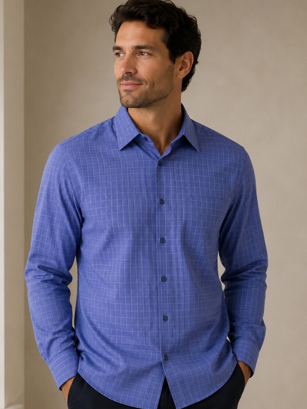 Van Heusen Blue Check Long-Sleeve Dress Shirt Size 16 - 16 1/2 34/36 Large